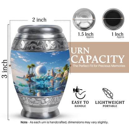 Twilight Blue Golf Cremation Urn lifestyle display on memorial shelf - royal golf engraving with decorative scrollwork - mini keepsake memorial for portion of cremation ashes