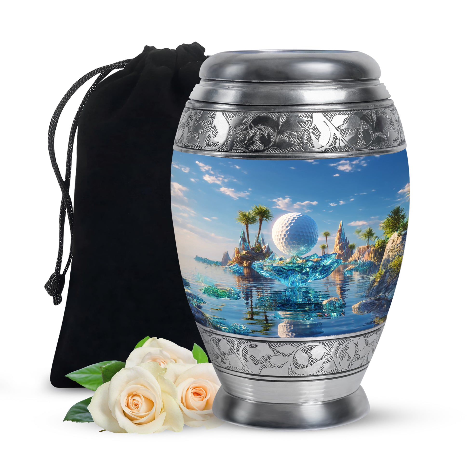 Bright Blue Golf Cremation Urn back view with polished surface - royal golf engraving with decorative scrollwork - full-size 10 inch 200 cubic inch adult cremation urn