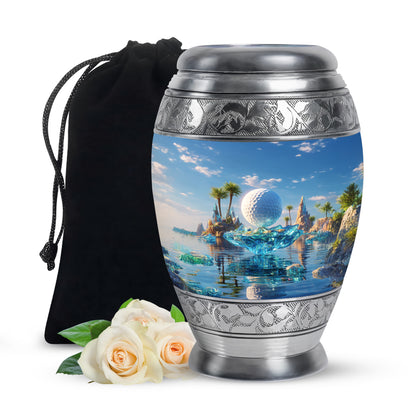 Bright Blue Golf Cremation Urn back view with polished surface - royal golf engraving with decorative scrollwork - full-size 10 inch 200 cubic inch adult cremation urn