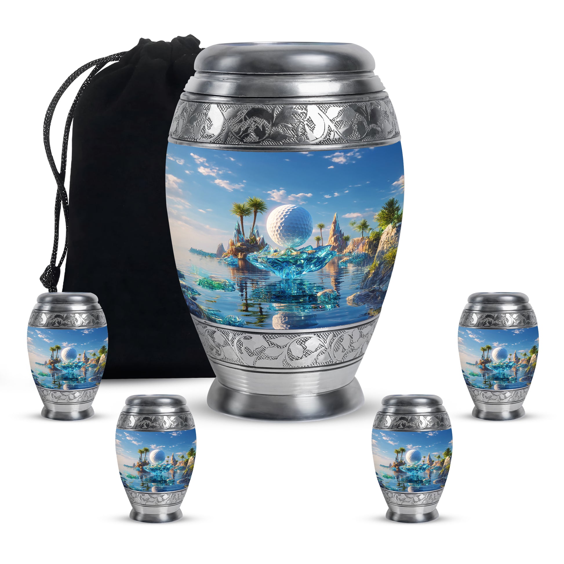 Royal Blue Golf Cremation Urn detail view - royal golf engraving with decorative scrollwork - memorial set with one large and four small urns