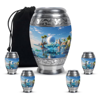 Royal Blue Golf Cremation Urn detail view - royal golf engraving with decorative scrollwork - memorial set with one large and four small urns