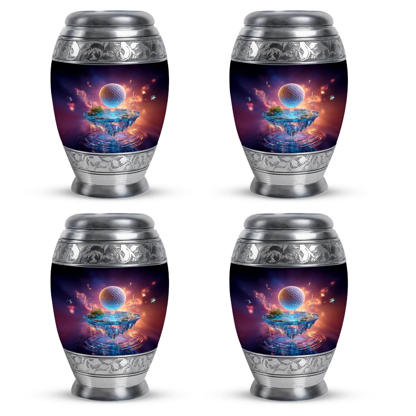 Violet Purple Golf Cremation Urn urn with complimentary velvet bag - majestic golf pattern with filigree border - 10 inch aluminum urn for cremated remains