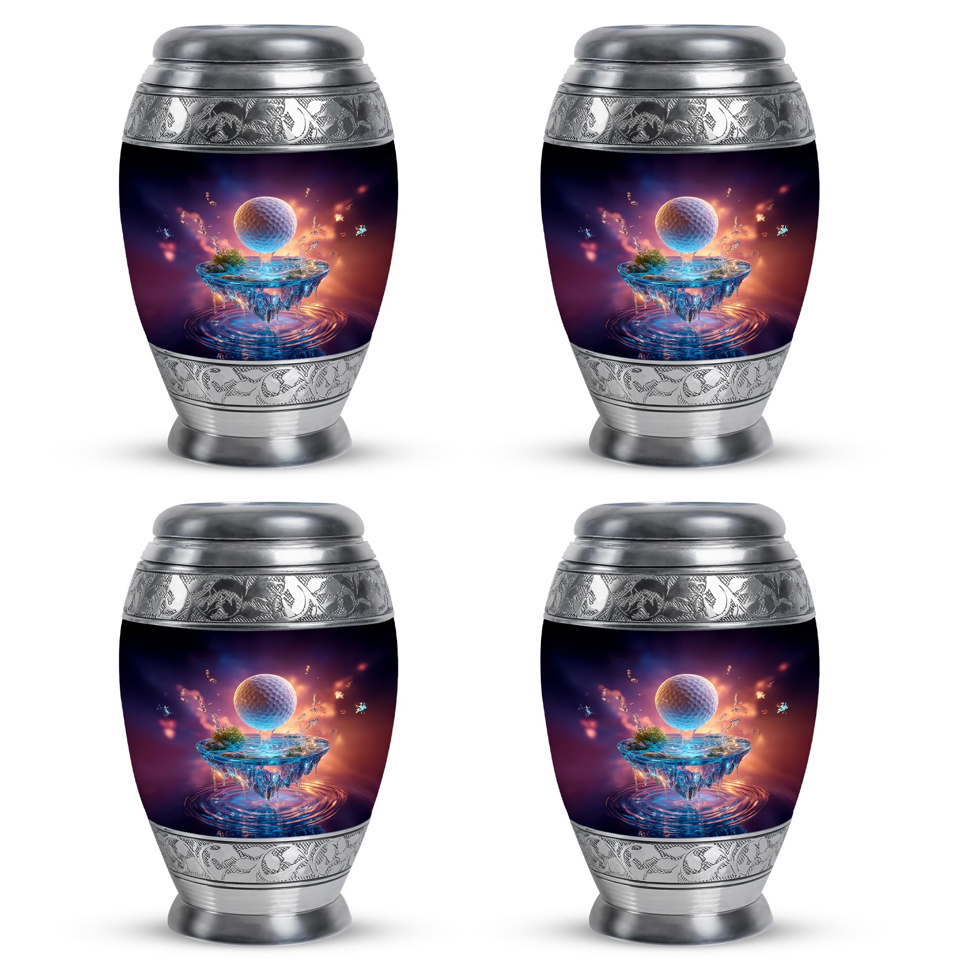 Violet Purple Golf Cremation Urn urn with complimentary velvet bag - majestic golf pattern with filigree border - 10 inch aluminum urn for cremated remains