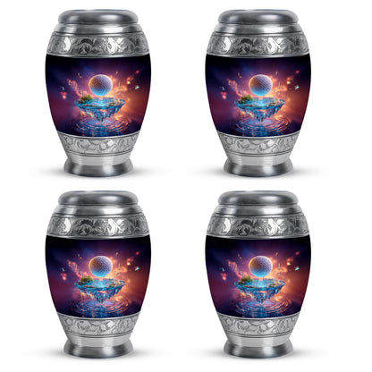 Violet Purple Golf Cremation Urn urn with complimentary velvet bag - majestic golf pattern with filigree border - 10 inch aluminum urn for cremated remains