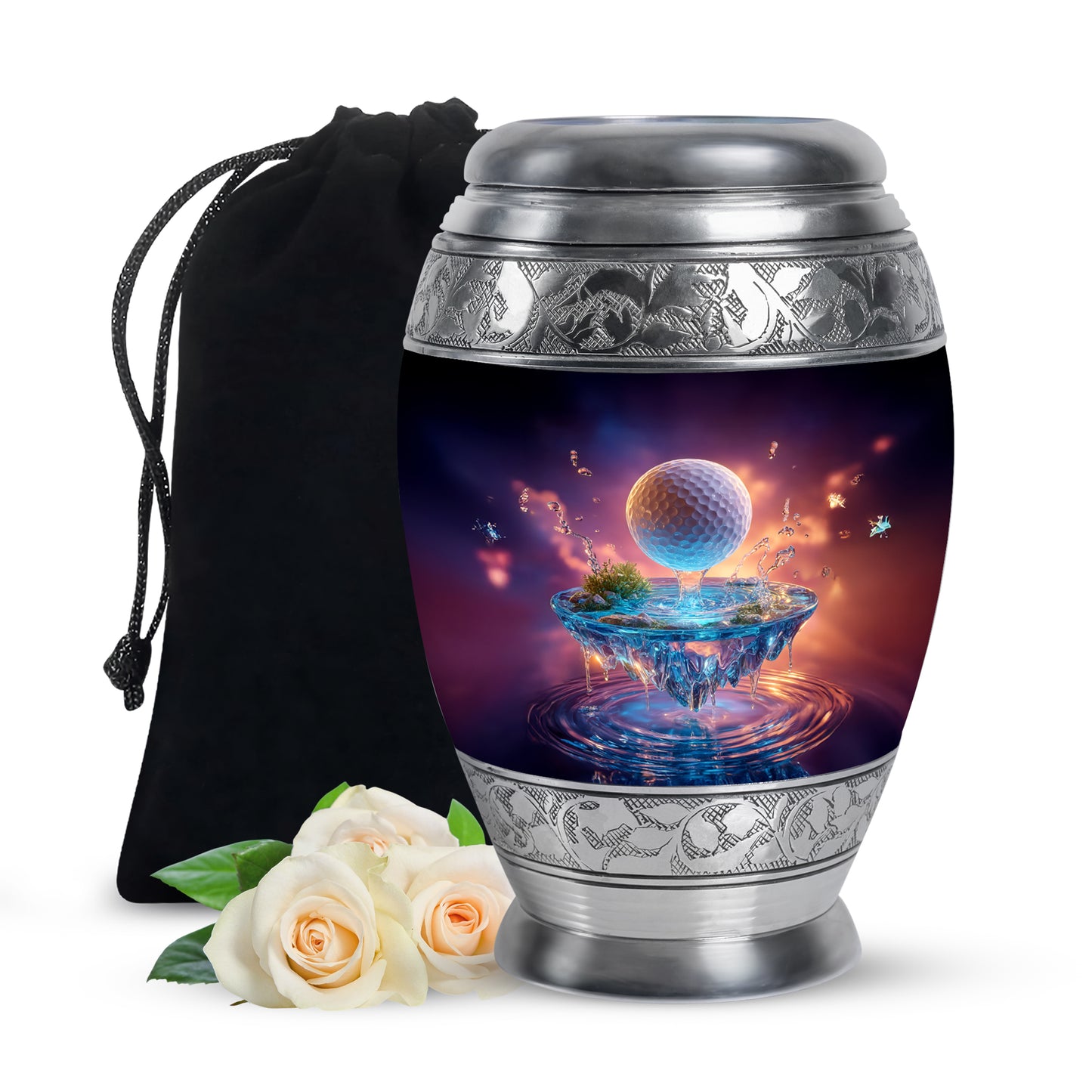 Amethyst Purple Golf Cremation Urn back view with polished surface - ornate monarch-style golf relief on brushed aluminum - full-size 10 inch 200 cubic inch adult cremation urn