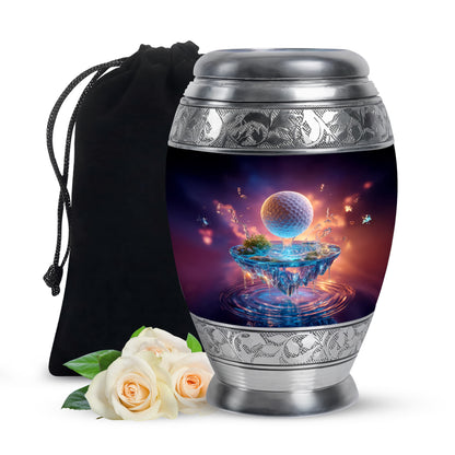 Amethyst Purple Golf Cremation Urn back view with polished surface - ornate monarch-style golf relief on brushed aluminum - full-size 10 inch 200 cubic inch adult cremation urn