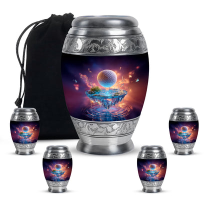 Grape Purple Golf Cremation Urn detail view - majestic golf pattern with filigree border - memorial set with one large and four small urns
