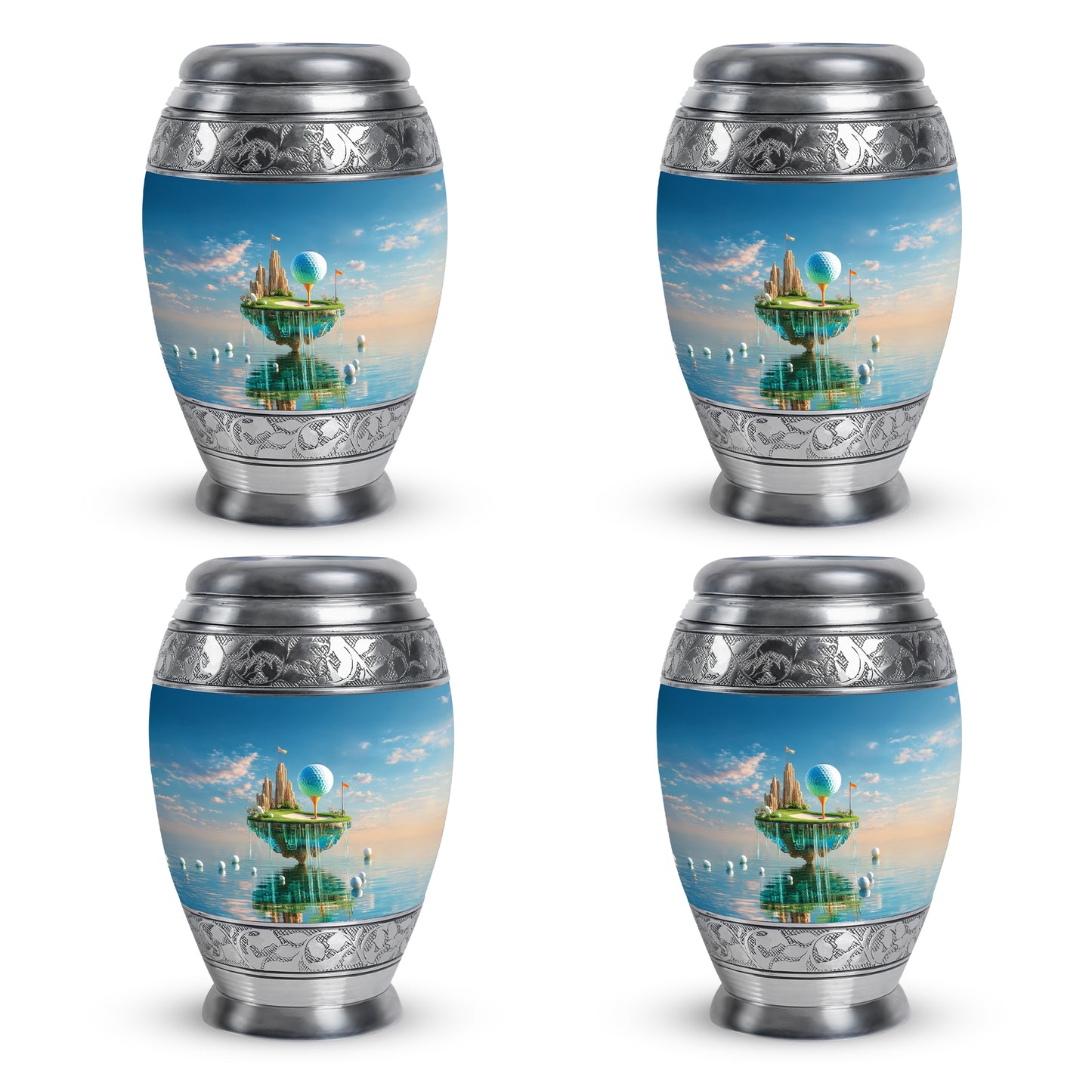 Sky Blue Golf Cremation Urn urn with complimentary velvet bag - regal golf design with crown-inspired accents - 10 inch aluminum urn for cremated remains
