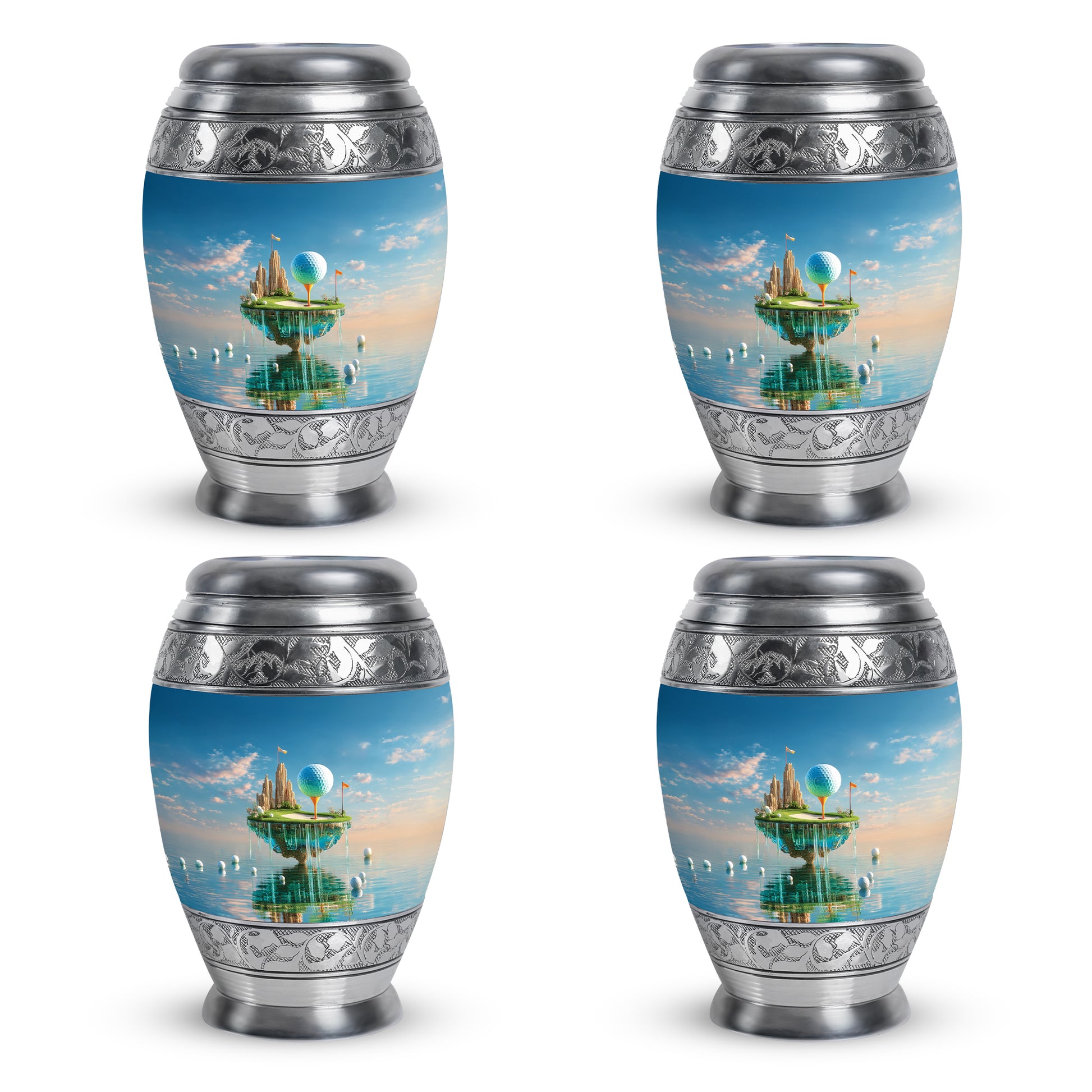 Sky Blue Golf Cremation Urn urn with complimentary velvet bag - regal golf design with crown-inspired accents - 10 inch aluminum urn for cremated remains