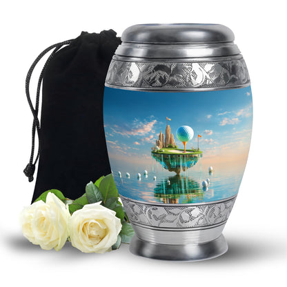 Vivid Blue Golf Cremation Urn back view with polished surface - majestic golf pattern with filigree border - full-size 10 inch 200 cubic inch adult cremation urn