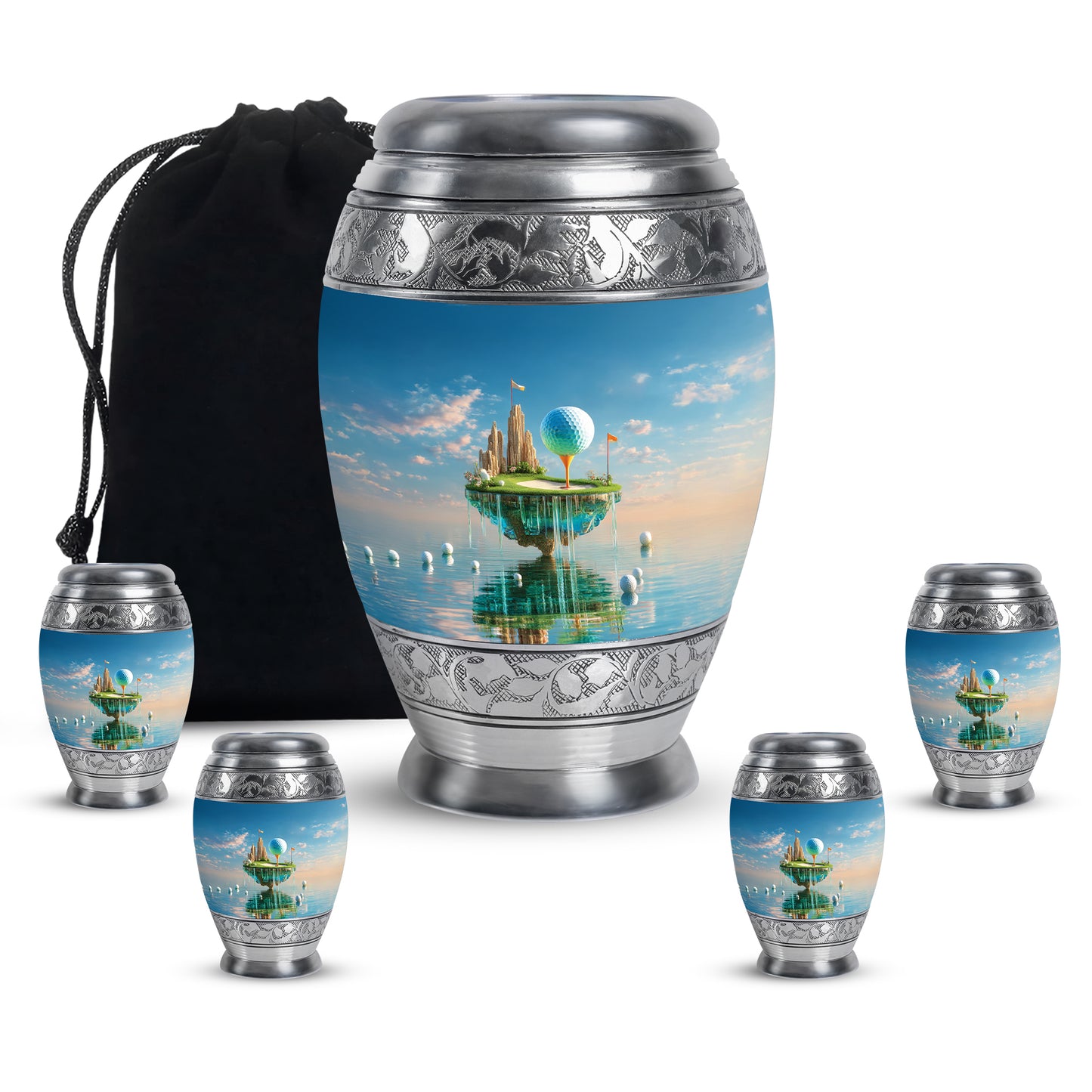 Icy Blue Golf Cremation Urn detail view - regal golf design with crown-inspired accents - memorial set with one large and four small urns