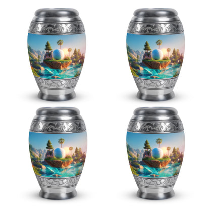 Sapphire Blue Golf Cremation Urn urn with complimentary velvet bag - majestic golf pattern with filigree border - 10 inch aluminum urn for cremated remains
