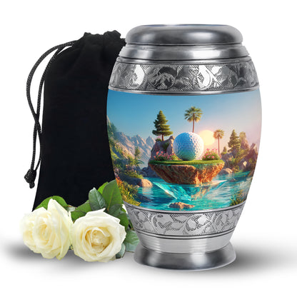 Sky Blue Golf Cremation Urn back view with polished surface - regal golf design with crown-inspired accents - full-size 10 inch 200 cubic inch adult cremation urn