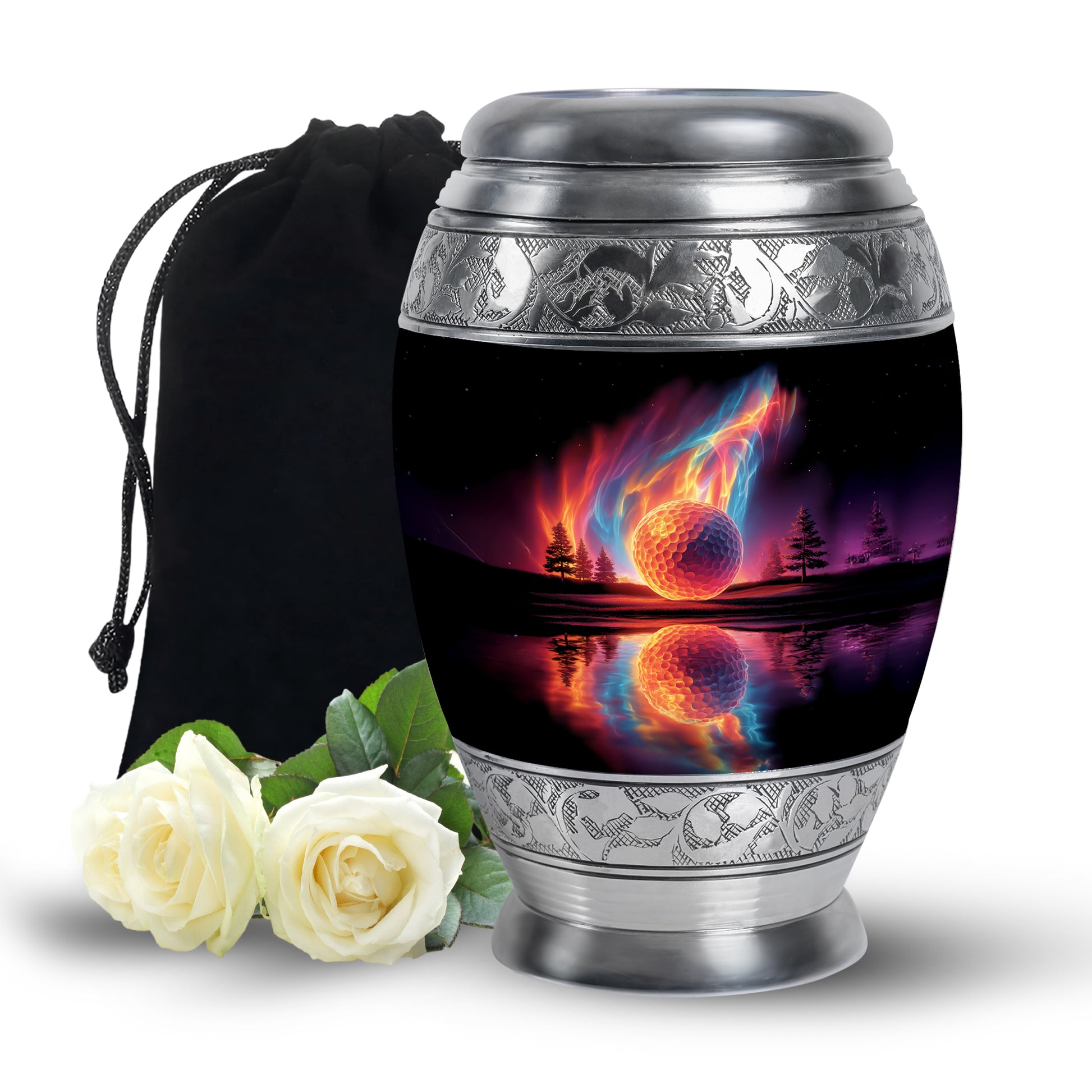 Obsidian Black Golf Cremation Urn back view with polished surface - majestic golf pattern with filigree border - full-size 10 inch 200 cubic inch adult cremation urn