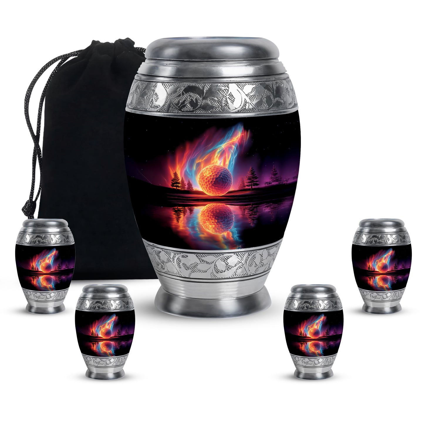 Rich Black Golf Cremation Urn detail view - regal golf design with crown-inspired accents - memorial set with one large and four small urns