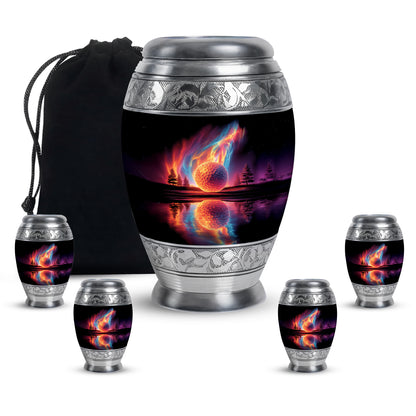 Rich Black Golf Cremation Urn detail view - regal golf design with crown-inspired accents - memorial set with one large and four small urns