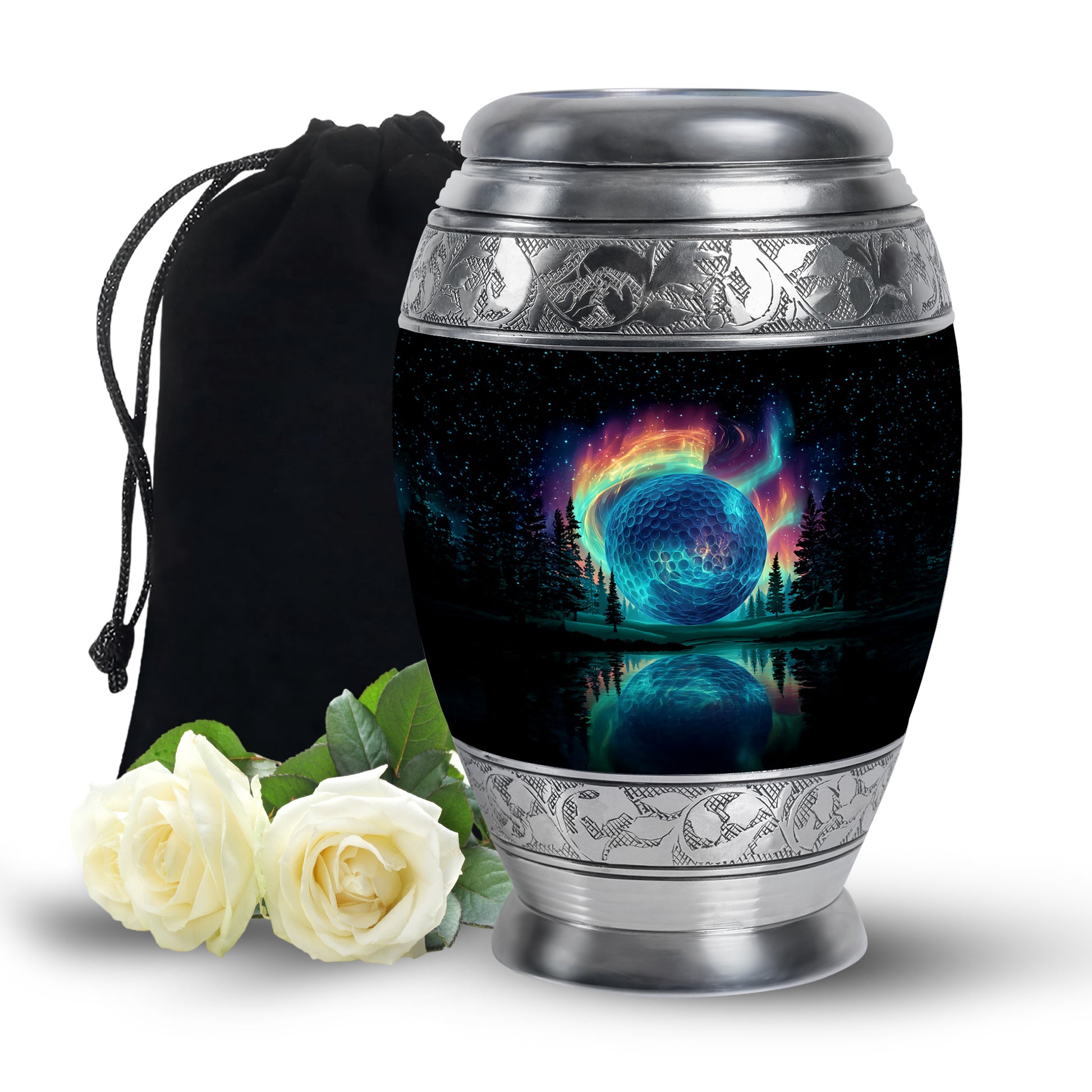 Charcoal Black Golf Cremation Urn back view with polished surface - majestic golf pattern with filigree border - full-size 10 inch 200 cubic inch adult cremation urn