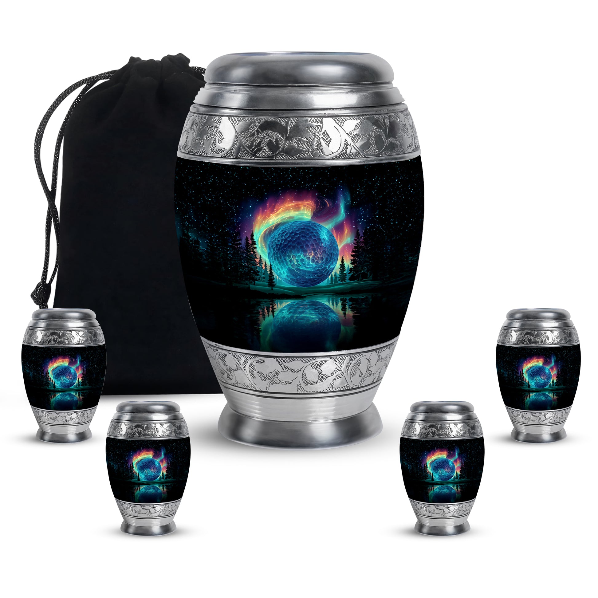 Onyx Black Golf Cremation Urn detail view - majestic golf pattern with filigree border - memorial set with one large and four small urns