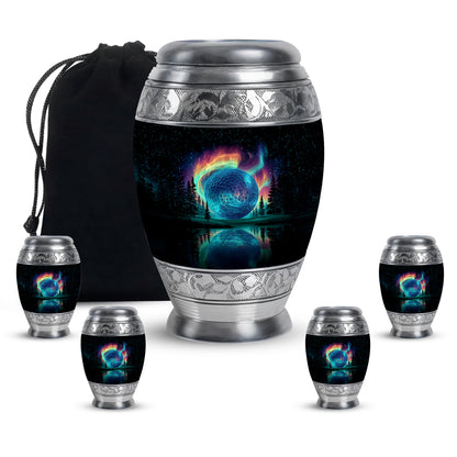 Onyx Black Golf Cremation Urn detail view - majestic golf pattern with filigree border - memorial set with one large and four small urns