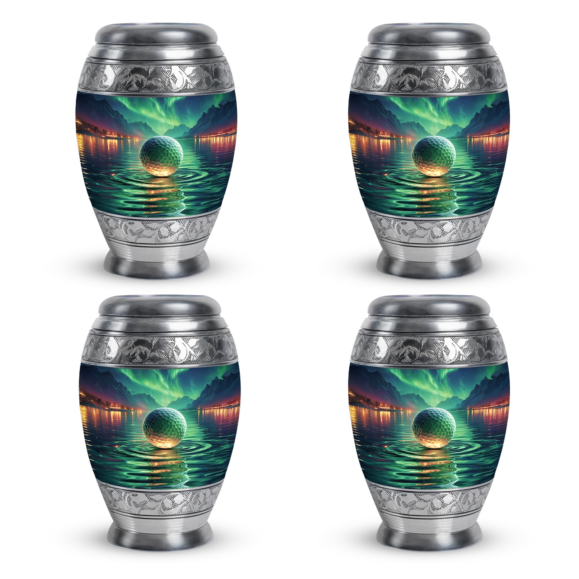 Soft Teal Golf Cremation Urn urn with complimentary velvet bag - regal golf design with crown-inspired accents - 10 inch aluminum urn for cremated remains