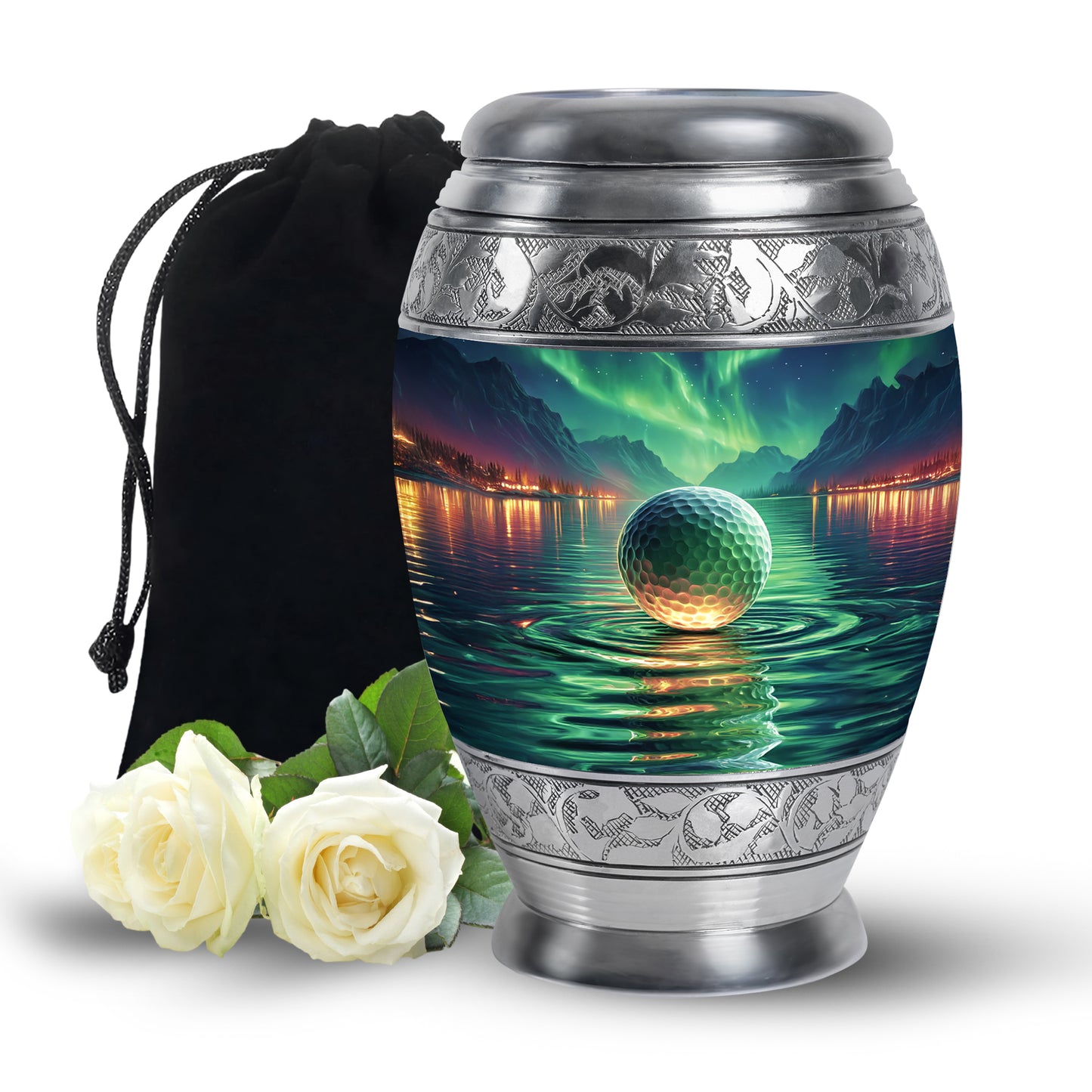 Tropical Teal Golf Cremation Urn back view with polished surface - royal golf engraving with decorative scrollwork - full-size 10 inch 200 cubic inch adult cremation urn