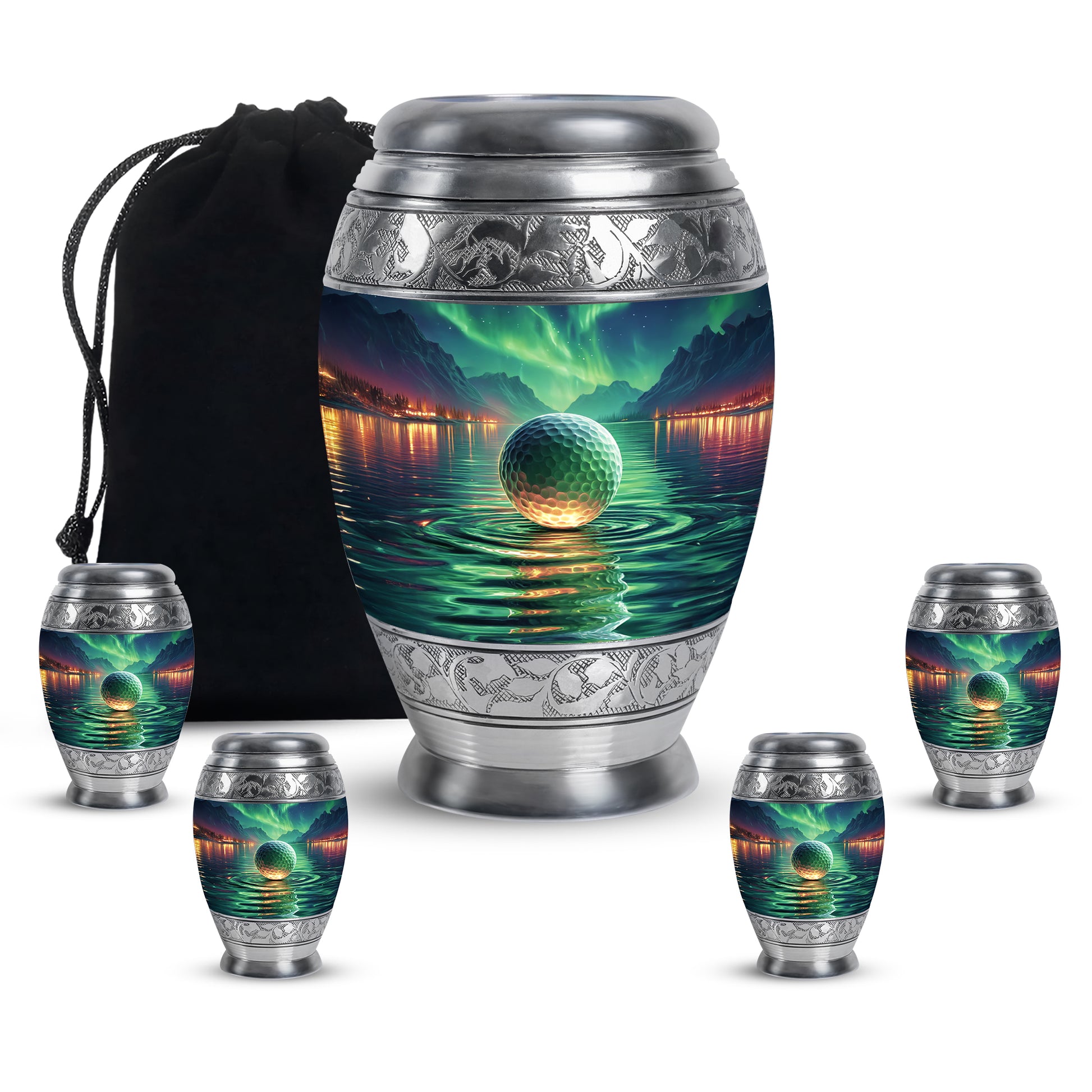 Sea Green Teal Golf Cremation Urn detail view - regal golf design with crown-inspired accents - memorial set with one large and four small urns