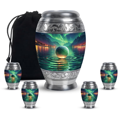 Sea Green Teal Golf Cremation Urn detail view - regal golf design with crown-inspired accents - memorial set with one large and four small urns