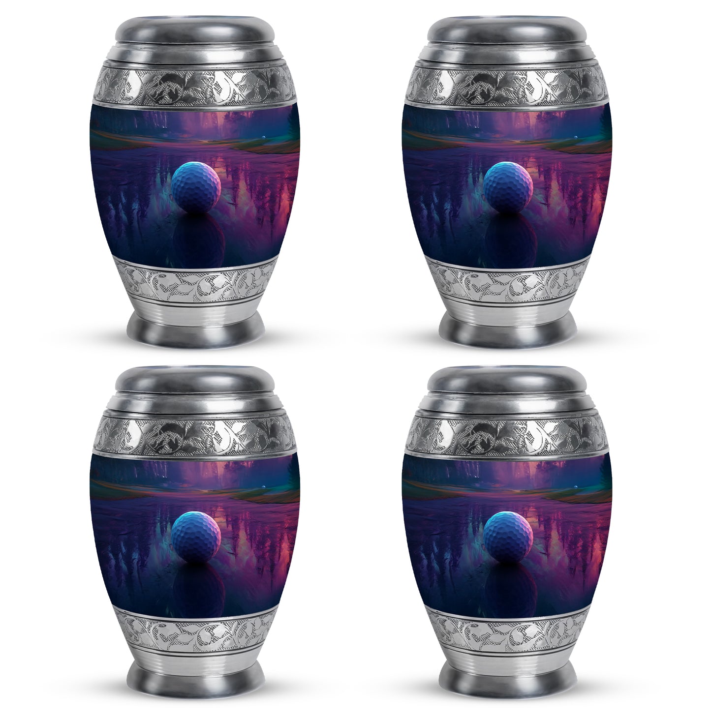 Grape Purple Golf Cremation Urn urn with complimentary velvet bag - majestic golf pattern with filigree border - 10 inch aluminum urn for cremated remains