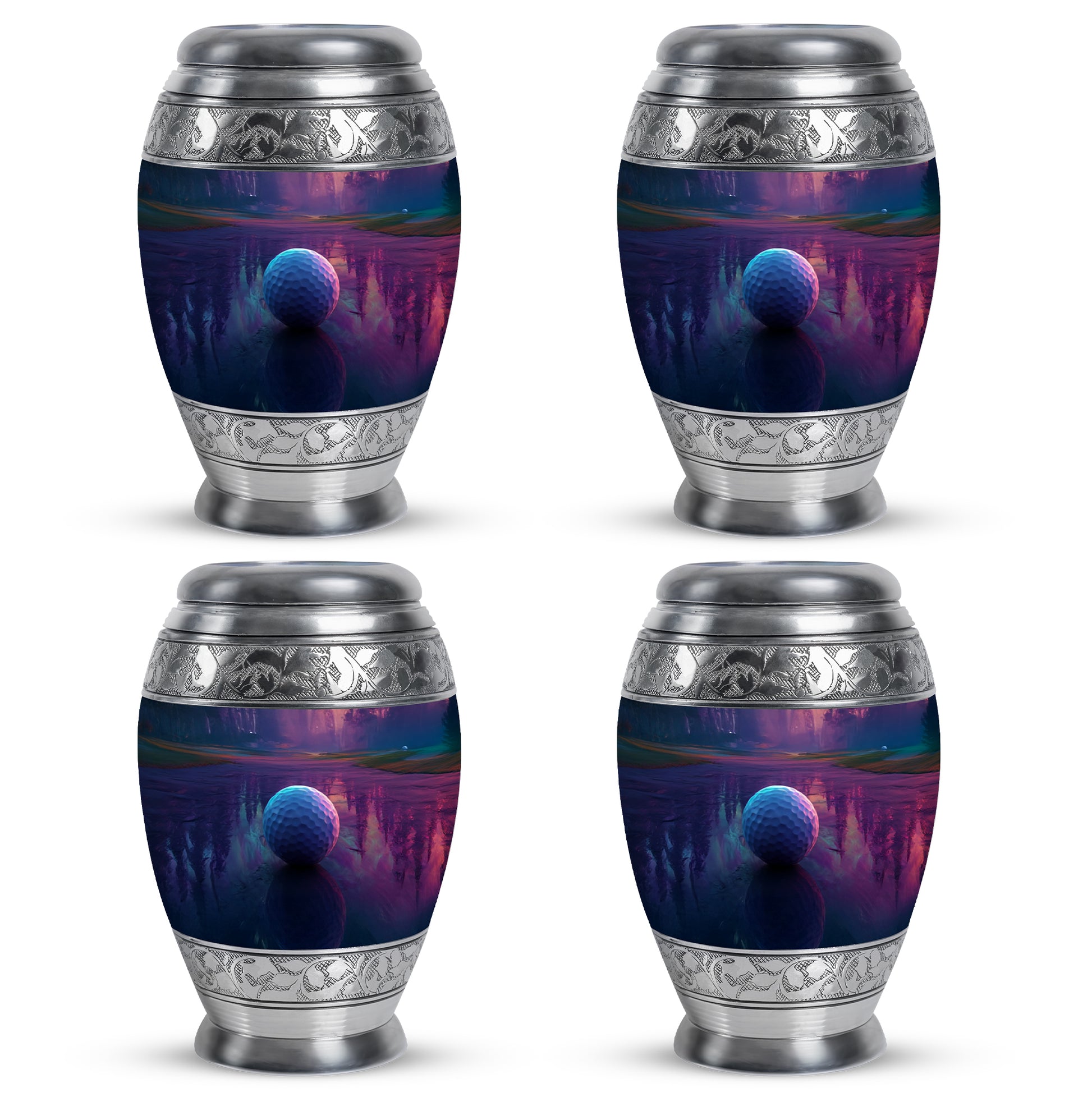 Grape Purple Golf Cremation Urn urn with complimentary velvet bag - majestic golf pattern with filigree border - 10 inch aluminum urn for cremated remains