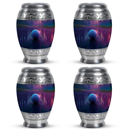Grape Purple Golf Cremation Urn urn with complimentary velvet bag - majestic golf pattern with filigree border - 10 inch aluminum urn for cremated remains