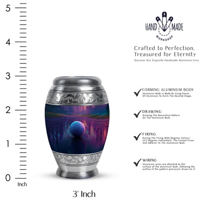 Deep Purple Golf Cremation Urn lifestyle display on memorial shelf - ornate monarch-style golf relief on brushed aluminum - mini keepsake memorial for portion of cremation ashes