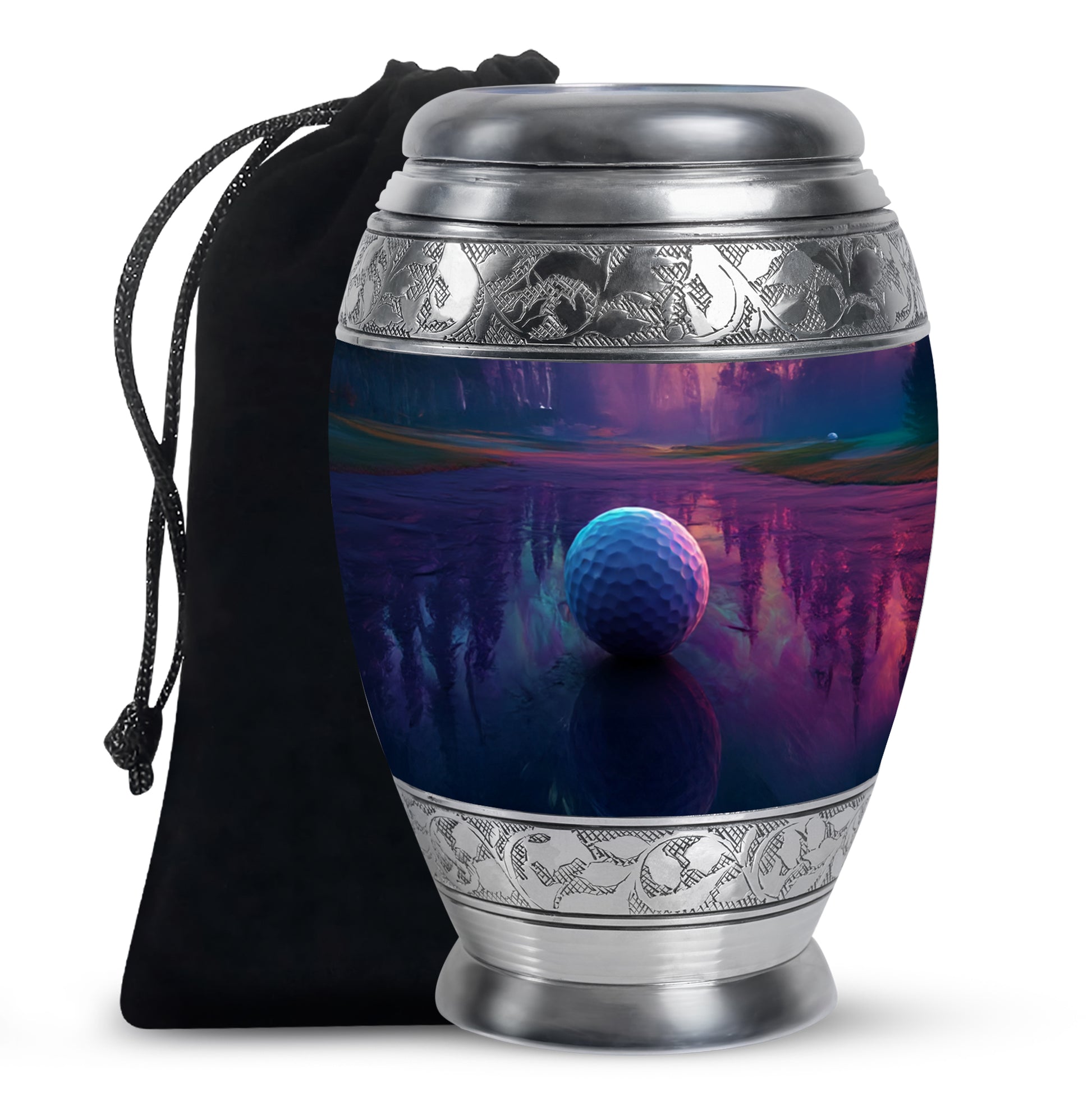 Majestic Purple Golf Cremation Urn back view with polished surface - ornate monarch-style golf relief on brushed aluminum - full-size 10 inch 200 cubic inch adult cremation urn