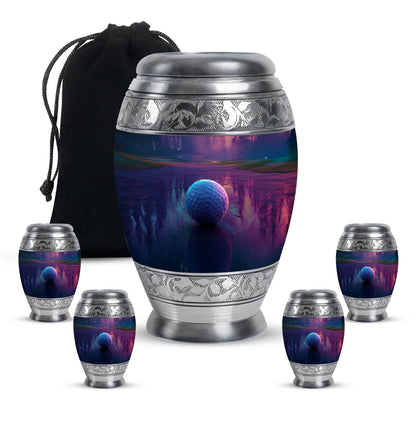 Royal Purple Golf Cremation Urn detail view - royal golf engraving with decorative scrollwork - memorial set with one large and four small urns