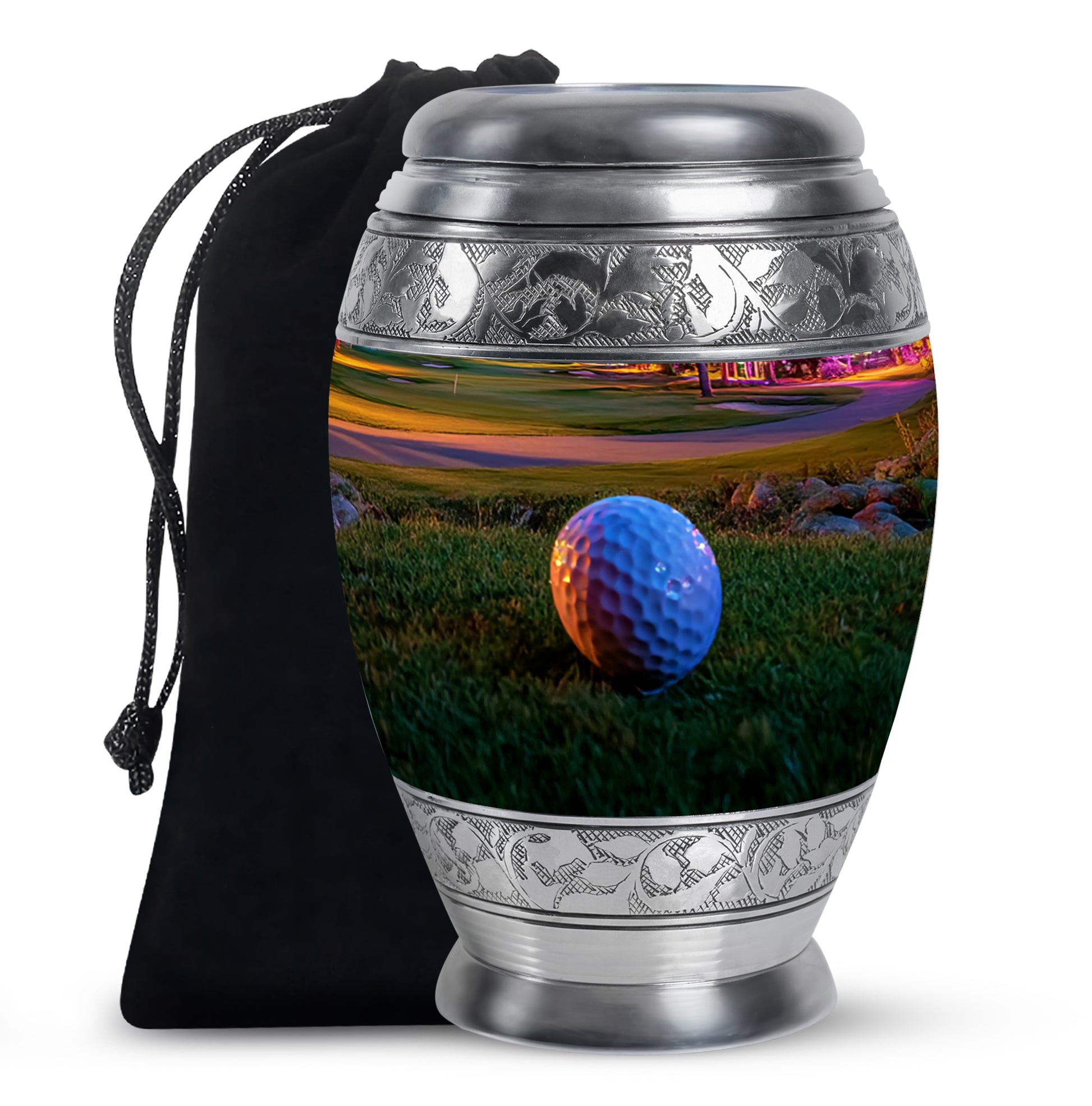 Burnished Gold Golf Cremation Urn back view with polished surface - majestic golf pattern with filigree border - full-size 10 inch 200 cubic inch adult cremation urn
