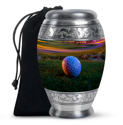 Burnished Gold Golf Cremation Urn back view with polished surface - majestic golf pattern with filigree border - full-size 10 inch 200 cubic inch adult cremation urn