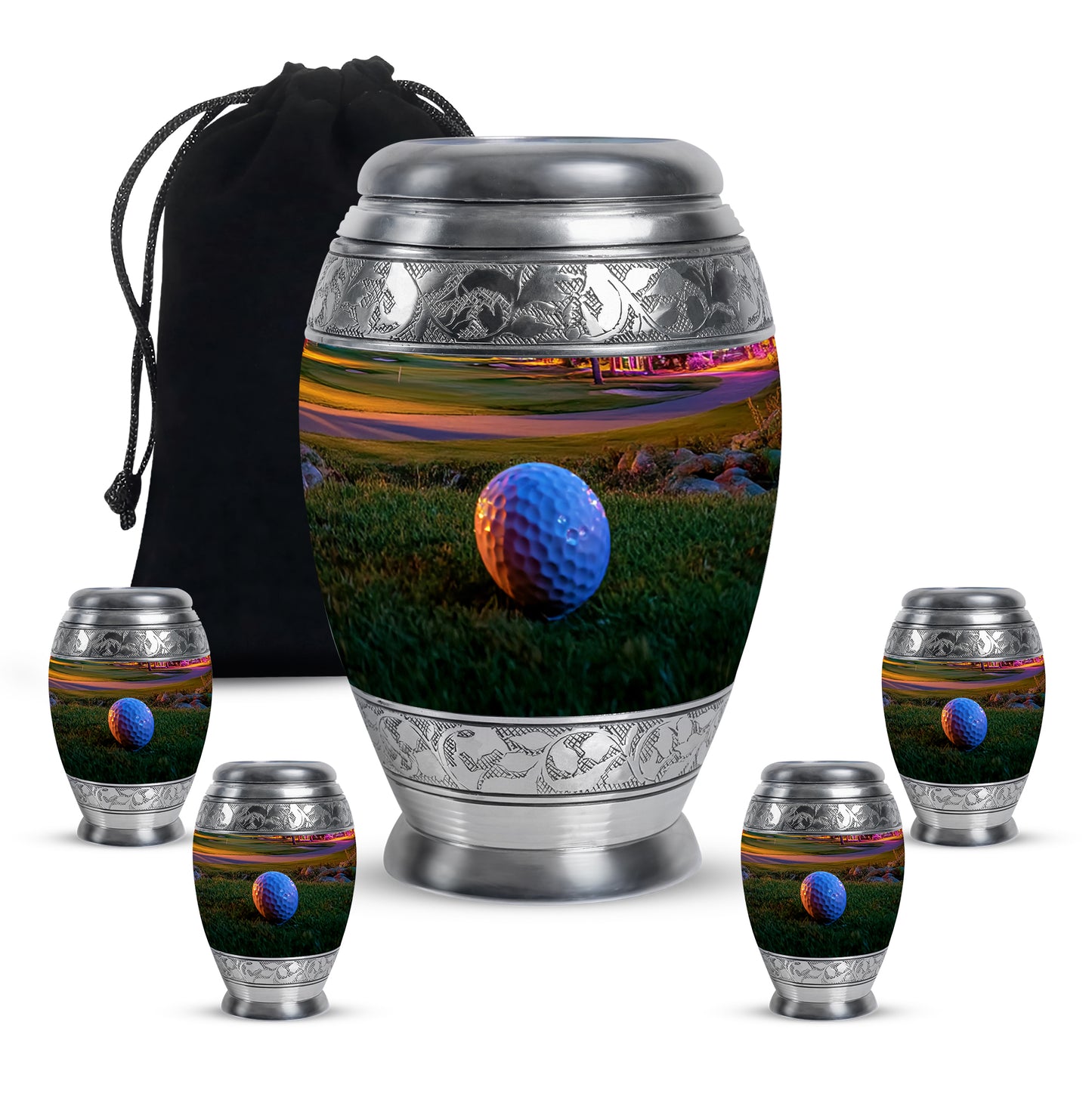 Matte Gold Golf Cremation Urn detail view - royal golf engraving with decorative scrollwork - memorial set with one large and four small urns