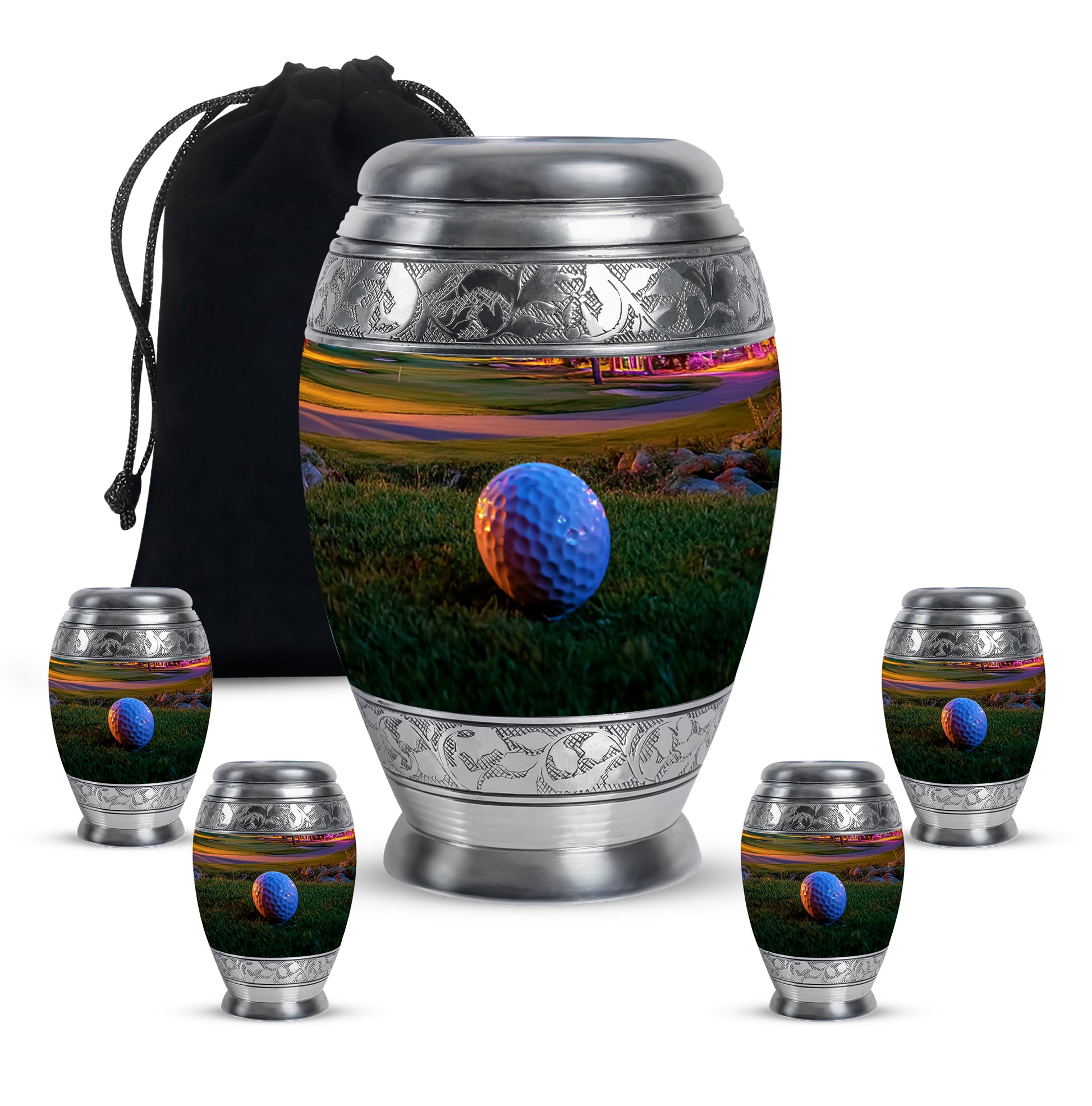 Matte Gold Golf Cremation Urn detail view - royal golf engraving with decorative scrollwork - memorial set with one large and four small urns