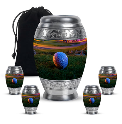 Matte Gold Golf Cremation Urn detail view - royal golf engraving with decorative scrollwork - memorial set with one large and four small urns