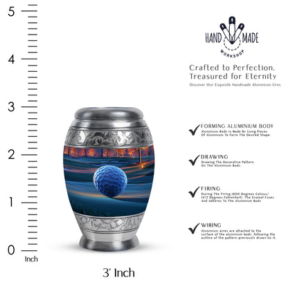 Ruby Red Golf Cremation Urn lifestyle display on memorial shelf - majestic golf pattern with filigree border - mini keepsake memorial for portion of cremation ashes