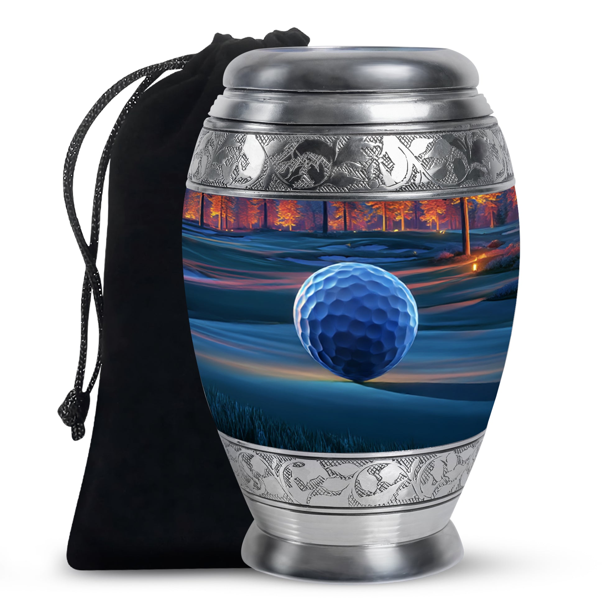 Deep Red Golf Cremation Urn back view with polished surface - ornate monarch-style golf relief on brushed aluminum - full-size 10 inch 200 cubic inch adult cremation urn
