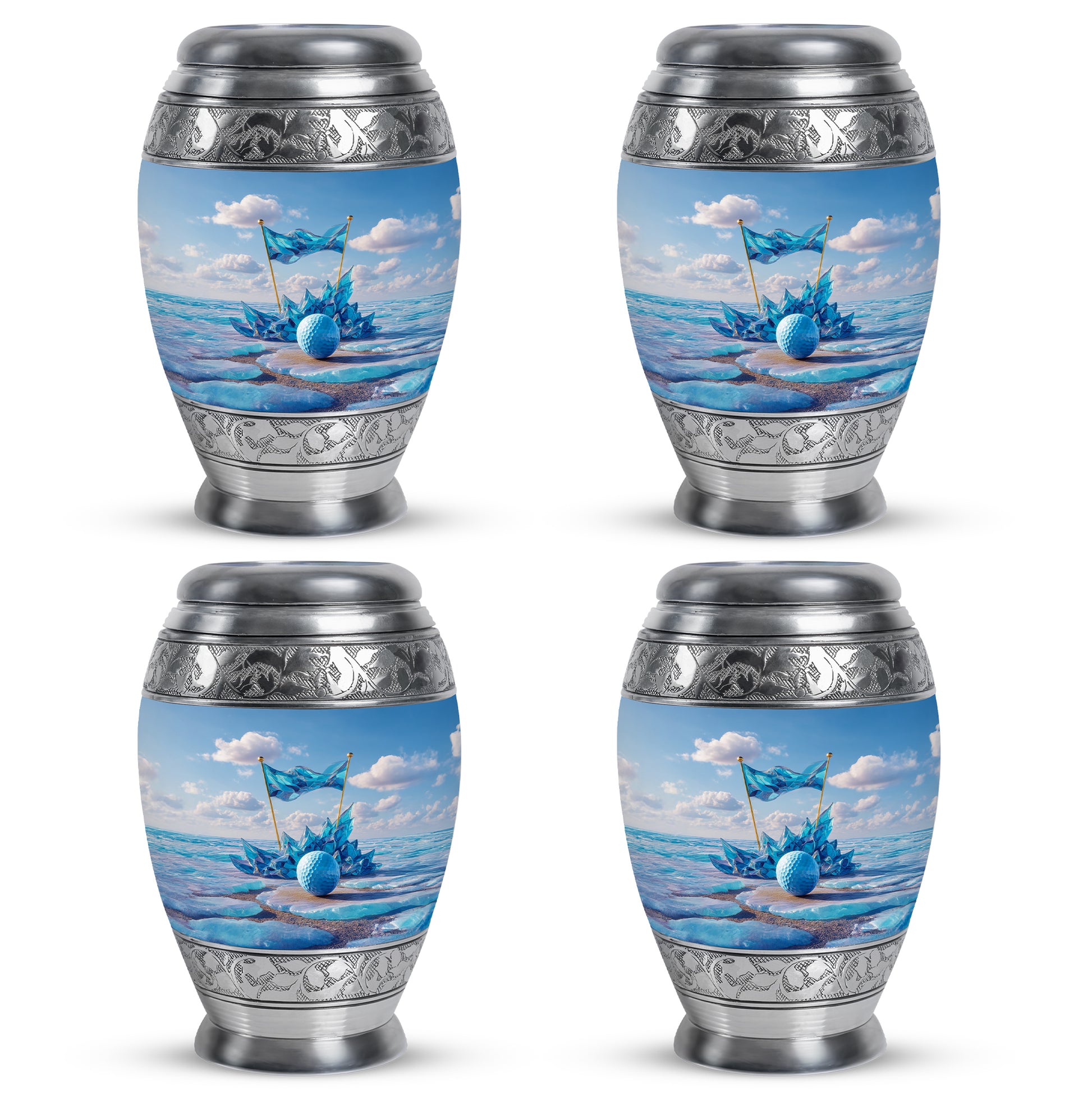 Royal Blue Golf Cremation Urn urn with complimentary velvet bag - majestic golf pattern with filigree border - 10 inch aluminum urn for cremated remains