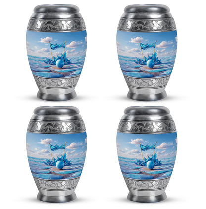 Royal Blue Golf Cremation Urn urn with complimentary velvet bag - majestic golf pattern with filigree border - 10 inch aluminum urn for cremated remains