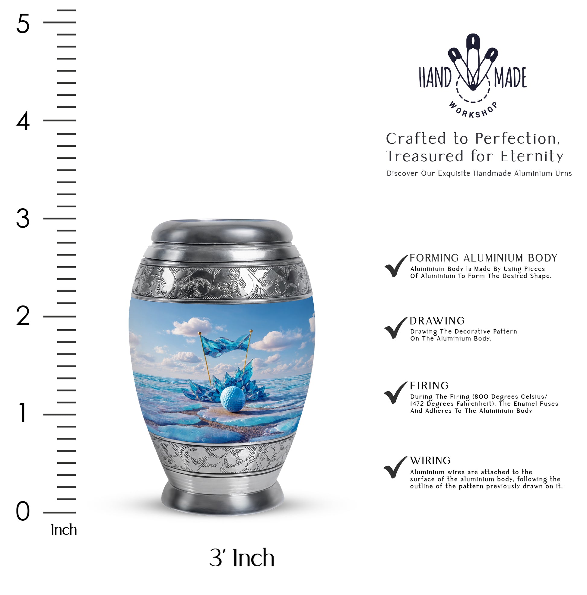 Misty Blue Golf Cremation Urn lifestyle display on memorial shelf - regal golf design with crown-inspired accents - mini keepsake memorial for portion of cremation ashes