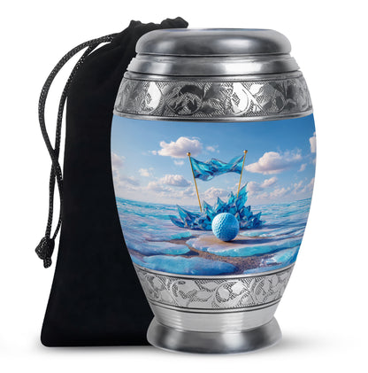 Cobalt Blue Golf Cremation Urn back view with polished surface - majestic golf pattern with filigree border - full-size 10 inch 200 cubic inch adult cremation urn