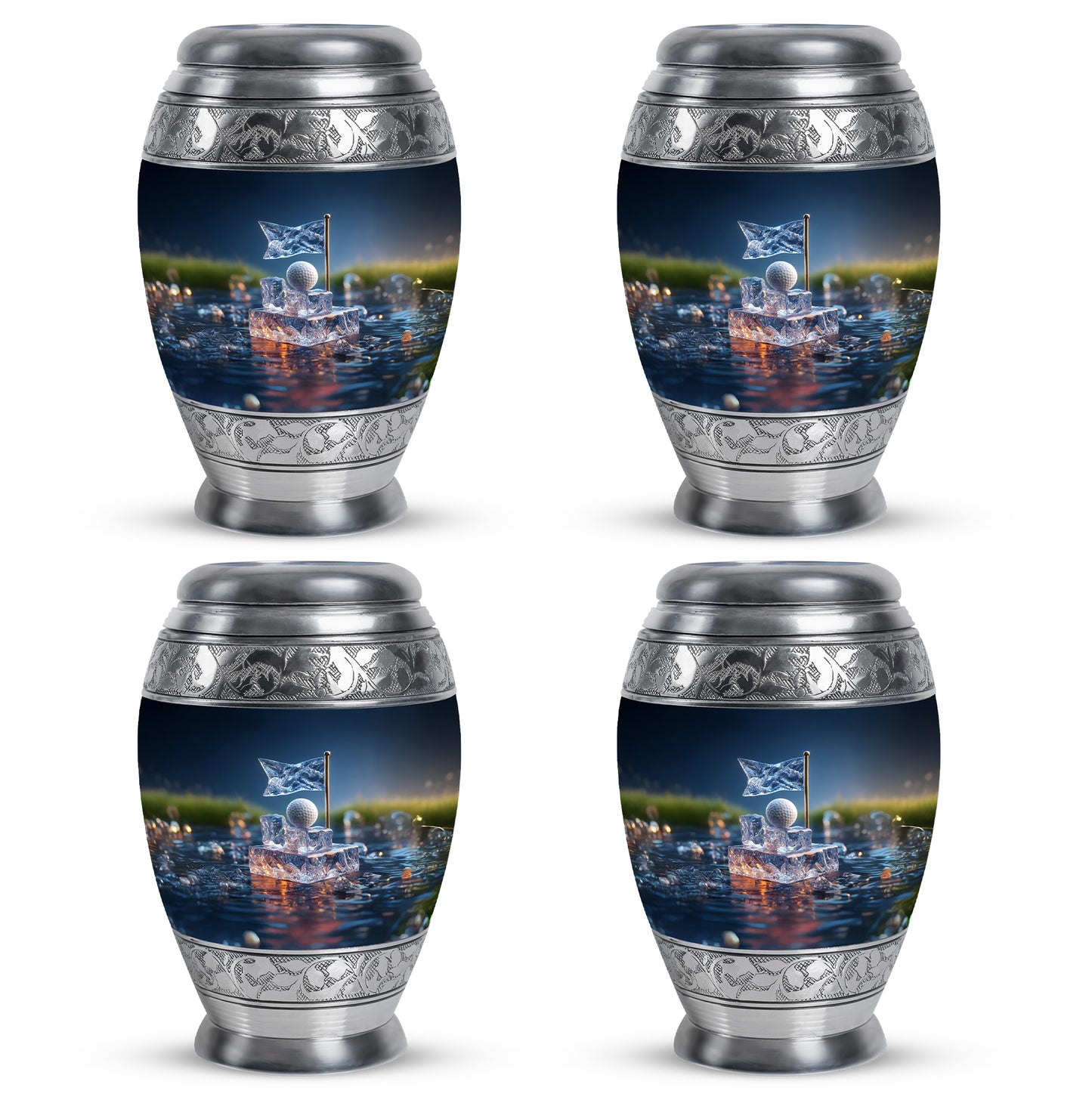 Pastel Blue Golf Cremation Urn urn with complimentary velvet bag - regal golf design with crown-inspired accents - 10 inch aluminum urn for cremated remains