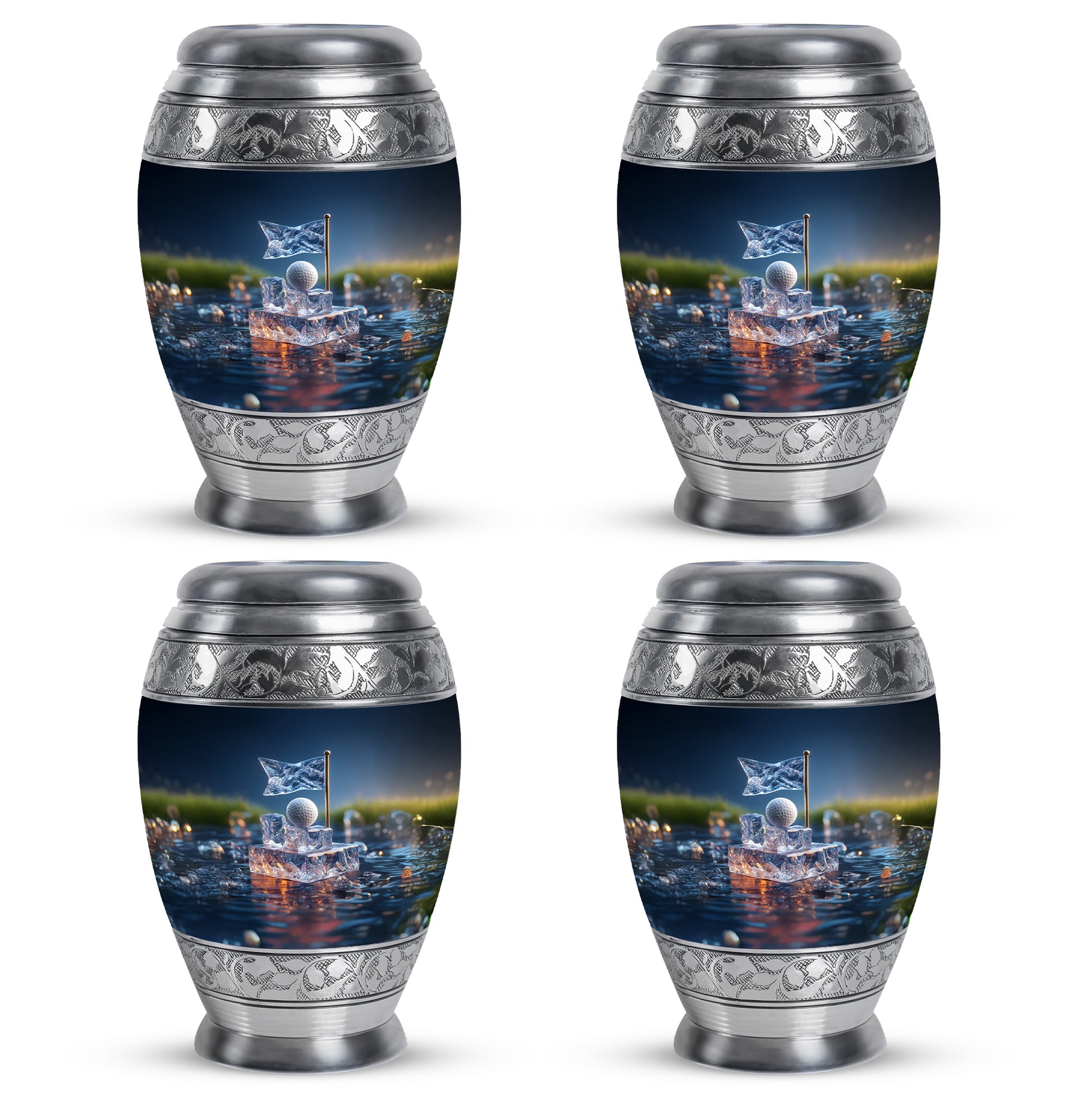 Pastel Blue Golf Cremation Urn urn with complimentary velvet bag - regal golf design with crown-inspired accents - 10 inch aluminum urn for cremated remains