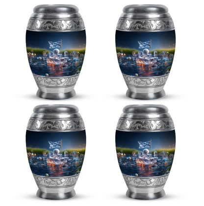 Pastel Blue Golf Cremation Urn urn with complimentary velvet bag - regal golf design with crown-inspired accents - 10 inch aluminum urn for cremated remains