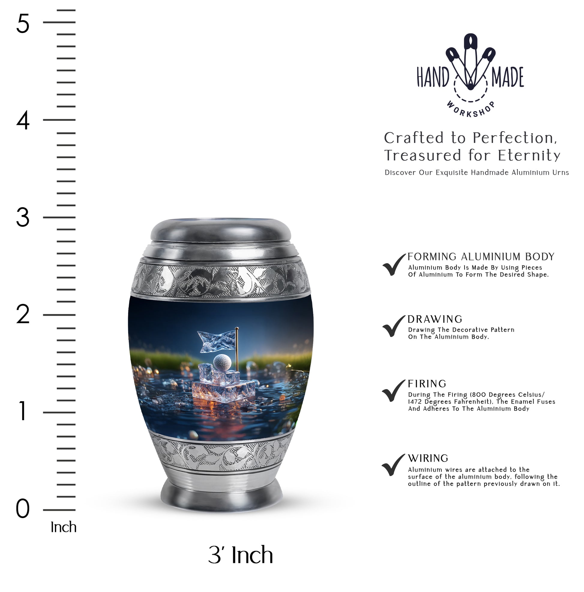 Dusty Blue Golf Cremation Urn lifestyle display on memorial shelf - regal golf design with crown-inspired accents - mini keepsake memorial for portion of cremation ashes