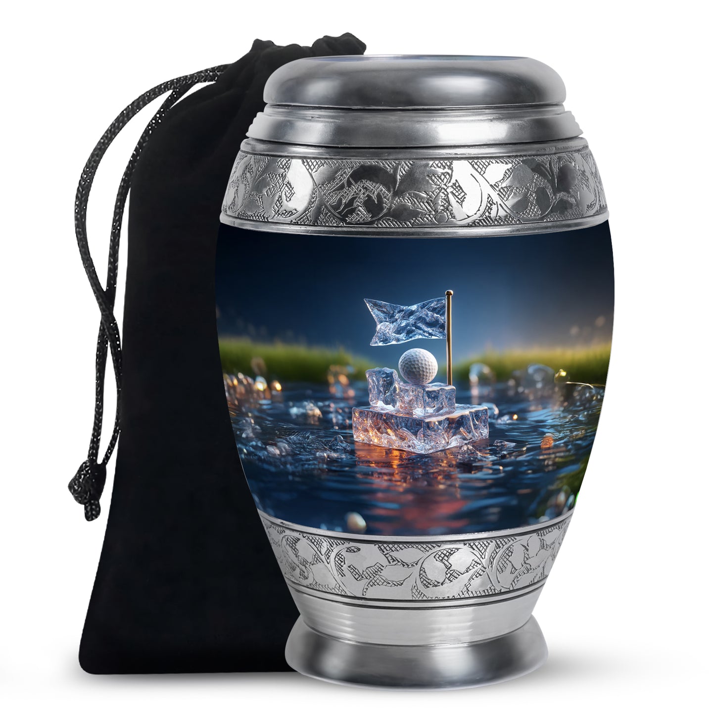 Soft Blue Golf Cremation Urn back view with polished surface - majestic golf pattern with filigree border - full-size 10 inch 200 cubic inch adult cremation urn