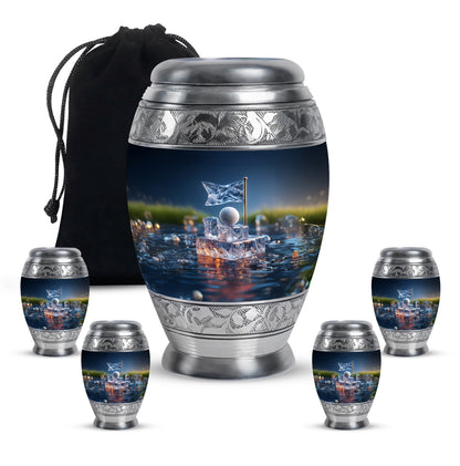 Sky Blue Golf Cremation Urn detail view - regal golf design with crown-inspired accents - memorial set with one large and four small urns